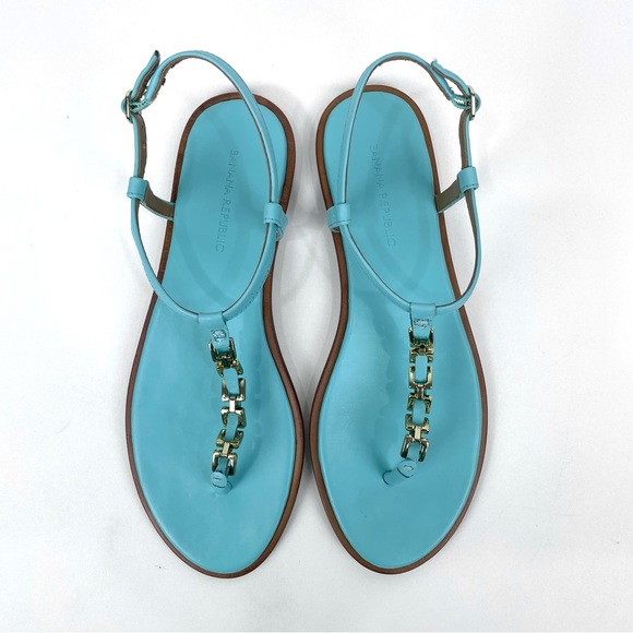 Banana Republic Mariah T-strap Sandal Flat Blue Leather Gold Chain Womens 8 - Picture 4 of 15